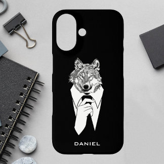 Funny Hipster Wolf mit Black Tuxedo Personalisiert iPhone 16 Hülle
