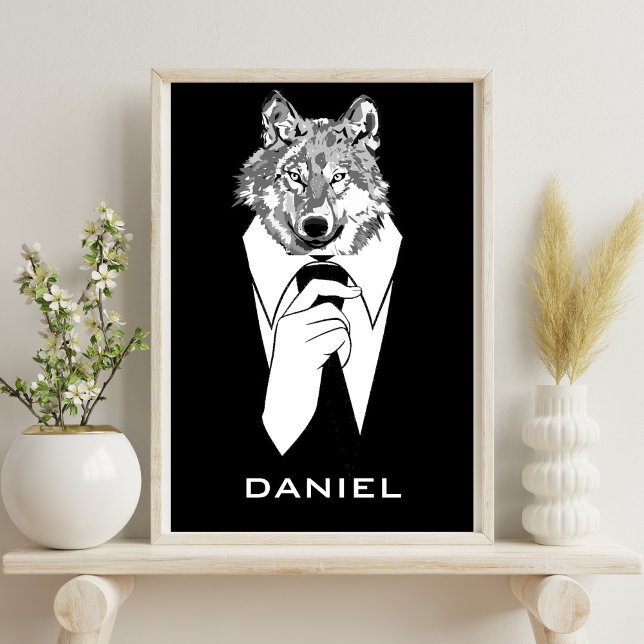 Funny Hipster Wolf mit Black Tuxedo Personalisiert Poster (Von Creator hochgeladen)