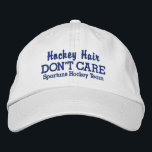 Funny "Hockey Hair Don't Care" benutzerdefinierter Bestickte Kappe<br><div class="desc">Die lustige Baseballmütze lautet "Hockey Hair Don't Care". (Sie können dies auch in Hockey Hair I DO Care ändern".) Fügen Sie unten Ihren Team- oder Spielernamen hinzu und ändern Sie einfach den Text und die Farbe. Egal, ob Sie ein Hockeyspieler sind, ein Fan von einem, Sie werden mit diesem phantastischen...</div>