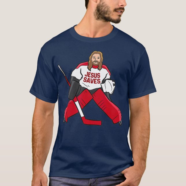 Funny Hockey Jesus Rette Hockey Goalie T-Shirt (Vorderseite)