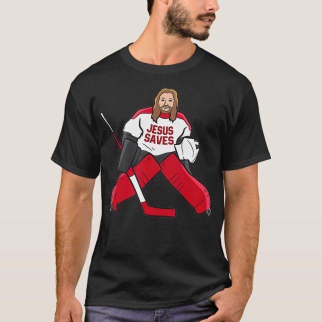 Funny Hockey Jesus Rette Hockey Goalie T-Shirt (Vorderseite)