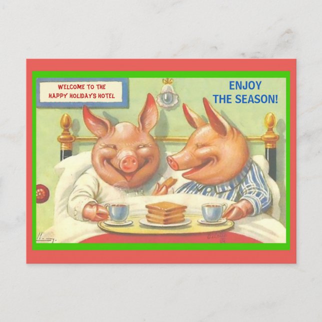 Funny Holiday Schweine Jahreszeit Vintage Ausgabe  Postkarte (Vorderseite)