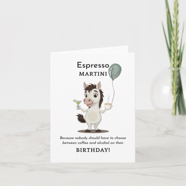 Funny Horse Birthday Card Kaffee und Martini Dankeskarte (Vorderseite)