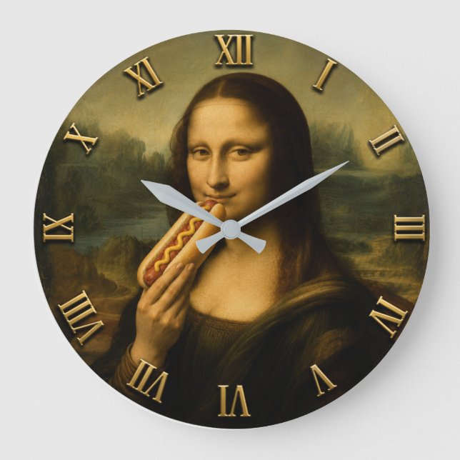 Funny Hot Dog Mona Lisa Große Wanduhr (Vorderseite)