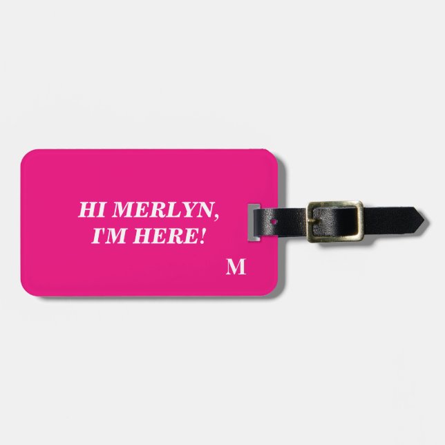 Funny Hot Pink Monogram Typografy Name Script Gepäckanhänger (Vorderseite horizontal)
