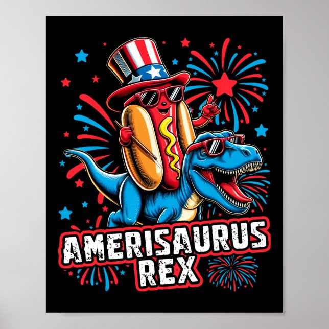 Funny Hotdog T Rex Dinosaur 4. Juli Amerisauru Poster (Vorne)