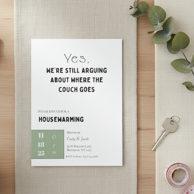 Funny Housewarming Invitation • Couch Quote Design Einladung (Funny housewarming invitation flat lay on linen and wood with eucalyptus and house keys.)
