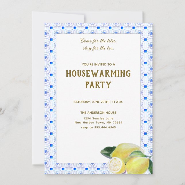 Funny Housewärming Tee Party Boho Lemon Blue Tiles Einladung (Vorderseite)
