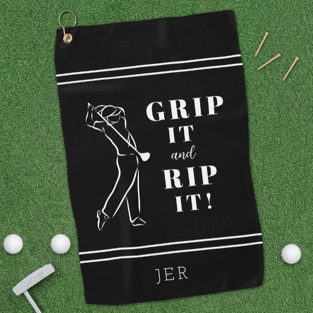 Funny Humour Golf Grip It Rip Mens Black Custom Golfhandtuch (Funny Humorous "Grip It & Rip It!" Custom Men's Black & White Golf Towel Unique Golfer Gift For Him.)