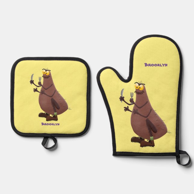 Funny hungrig hässlich flehe Cartoon Ofenhandschuh & Topflappen-Set (Vorderseite)
