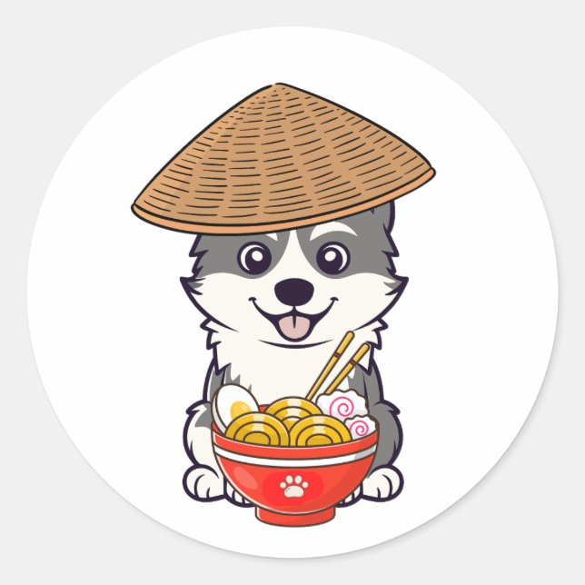 Funny husky isst Nudeln Runder Aufkleber (Vorderseite)