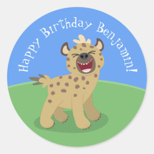 Funny hyena lacht den Cartoon zum Geburtstag Runder Aufkleber