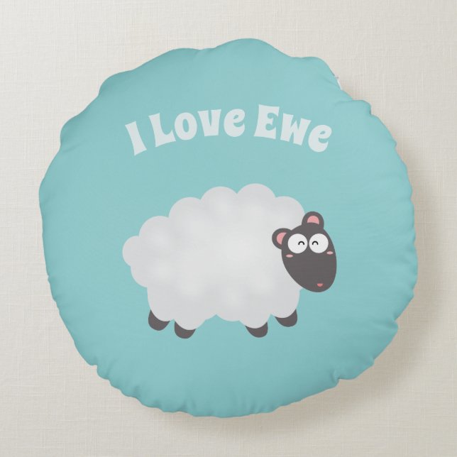 Funny I Liebe Ewe Niedlich Fluffy White Sheep Whim Rundes Kissen (Rückseite)