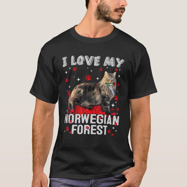 Funny I Liebe Mein norwegischer Wald Valentine Cat T-Shirt (Vorderseite)