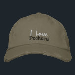 Funny I Liebe Peckers Chicken Zitat Olivenöl Grün Bestickte Baseballkappe<br><div class="desc">Ein personalisiertes lustiges Huhn Zitat Olive Green Chino Twill Baseball Cap,  mit aquamariner Stickerei. Eine lustige Geschenkidee zum Geburtstag.</div>
