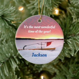 Funny Ice Fishing Holiday Keramik Ornament