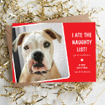 Funny ich aß Niedlichen Hund auf der Naughty-Liste Feiertagskarte<br><div class="desc">Mit dieser lustigen Pet Foto Holiday Card sollte jemand Weihnachten lächeln! Design zeigt ein Foto Ihres Hundes oder Ihrer Katze auf einem festlichen roten Hintergrund, der in jede Farbe geändert werden kann, Text, der lautet - Ich aß die Naughty List, Ihr Empfang in weißem, modernem Text. Passen Sie diese lustige...</div>