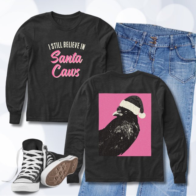 Funny Ich glaube an Santa Caws lange Ärmeln (A pink and black girls' longsleeve t-shirt perfect for the holiday season features Santa Caws!)