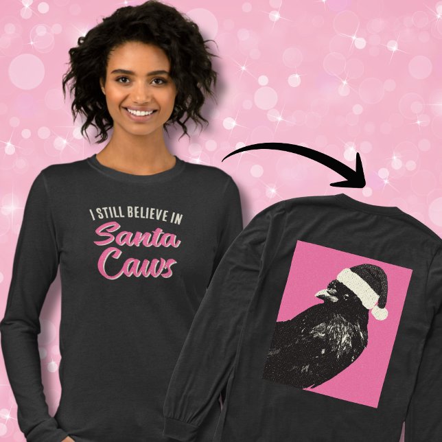 Funny ich glaube Santa Caws Weihnachten lange Ärme Tri-Blend Shirt (A pink and black women's longsleeve t-shirt perfect for the holiday season features Santa Caws!)