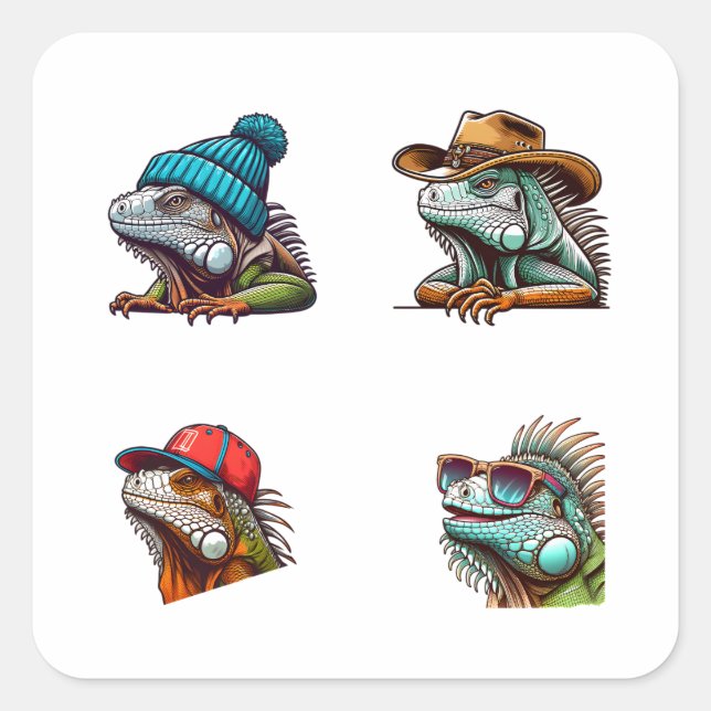 Funny Iguana Cartoon Art 4 Pack Stickers (Vorderseite)
