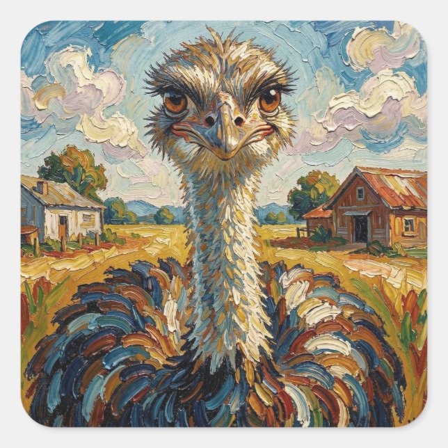 Funny Impasto Ostrich on a Ranch  Quadratischer Aufkleber (Vorderseite)