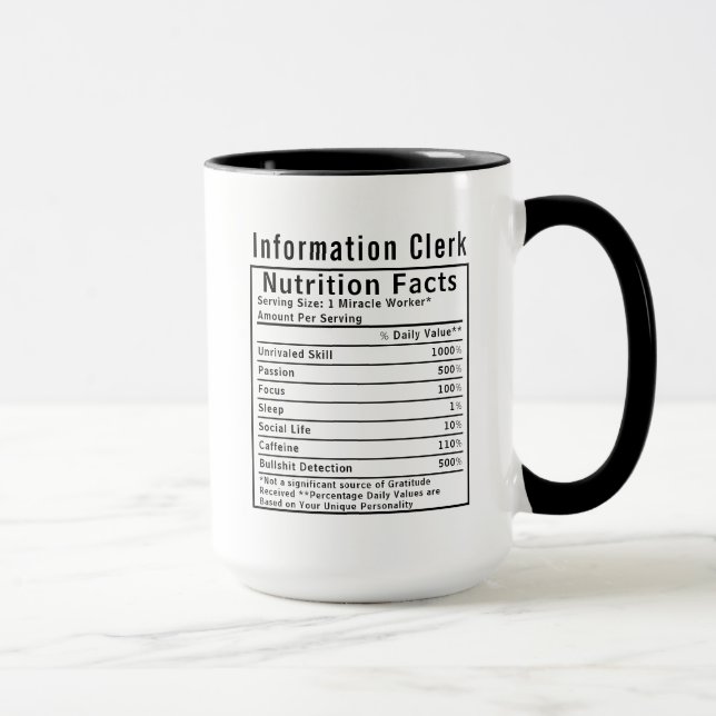 Funny Information Clerk Nutrition Facts Staff Gift Tasse (Rechts)