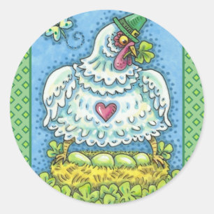 FUNNY IRISH HEN, GRÜNE EIER UND KLEEBLÄTTER NIEDLI RUNDER AUFKLEBER