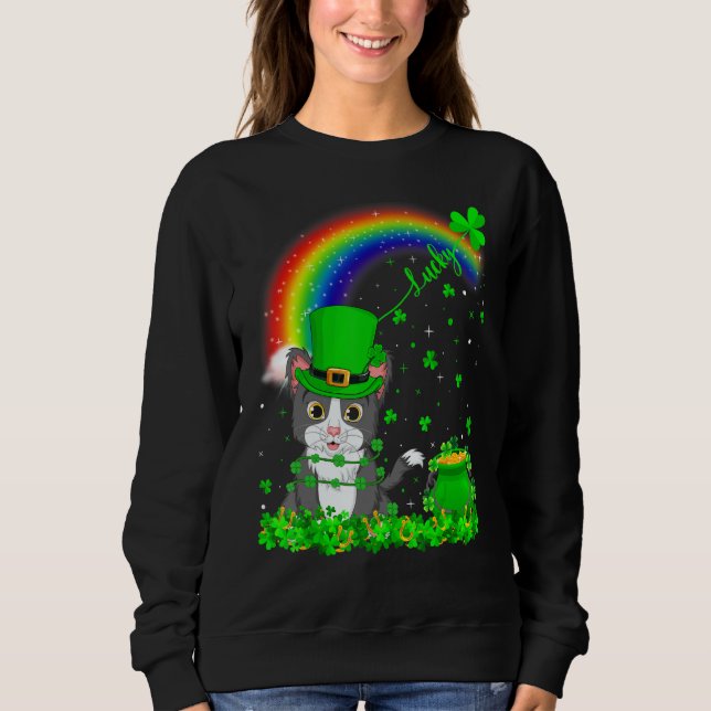 Funny Irish Kleeblatt Rainbow Lucky Cat St Patrick Sweatshirt (Vorderseite)
