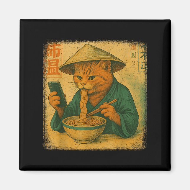 Funny Japanese Cat Eat Ramen And Scroll Phone Anim Magnet (Vorne)