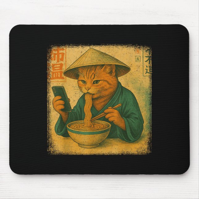 Funny Japanese Cat Eat Ramen And Scroll Phone Anim Mousepad (Vorne)