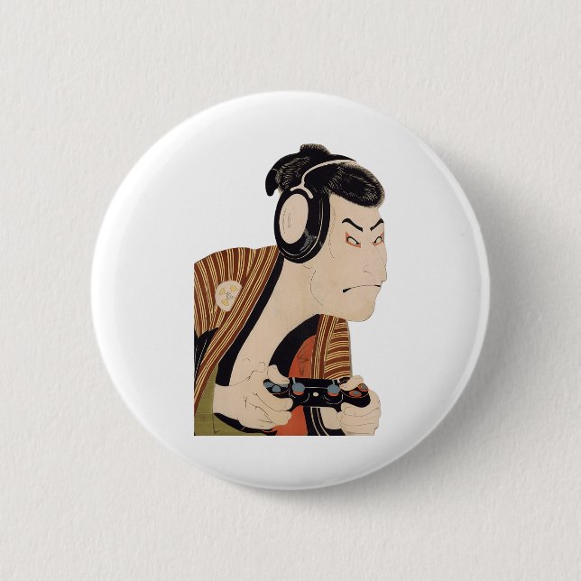 Funny Japanese Gamer Samurai Ukiyo-e Art Button (Vorderseite)