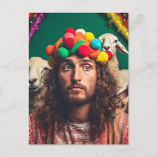 Funny Jesus and Sheep bei einer farbenfrohen Gebur Postkarte