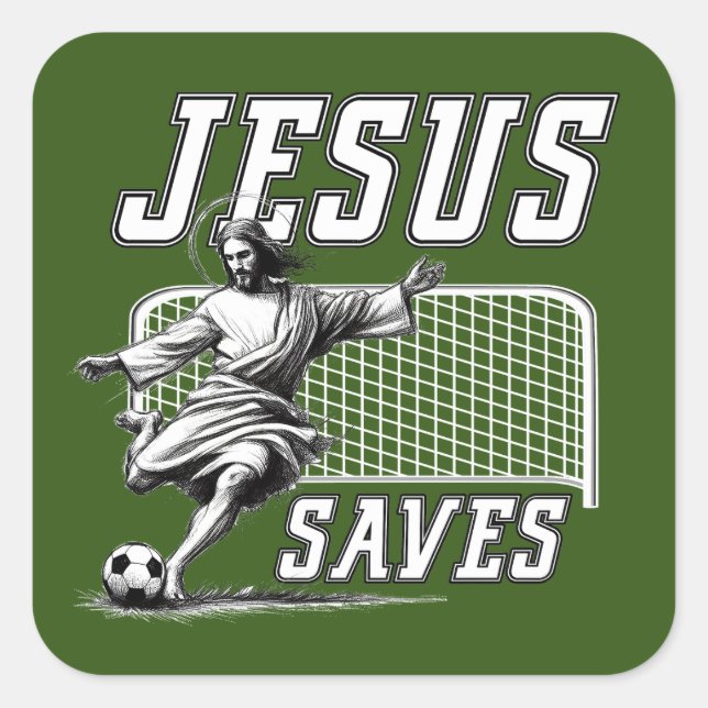 Funny Jesus Rette und erzielt Fußballziele Quadratischer Aufkleber (Vorderseite)