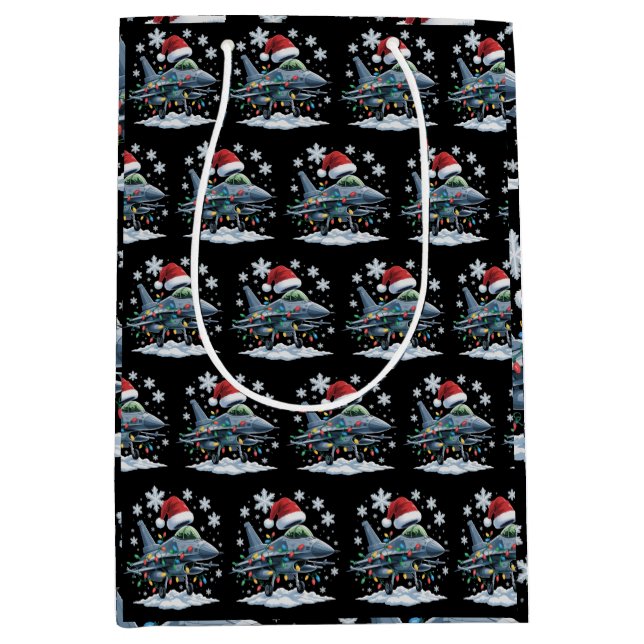 Funny Jet Fighter Military Christmas Holiday Xmas Mittlere Geschenktüte (Vorderseite)