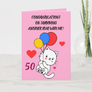 Funny Joke Balloon Cat Pink Schwester 50. Geburtst Karte