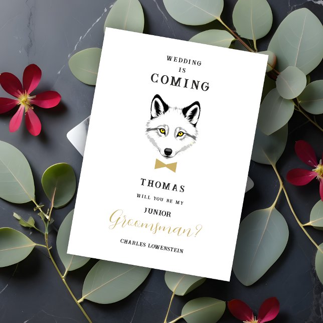 Funny Jr Groomsman Gold Bow Tie Wedding Proposal (Junior Groomsman Proposal Card with Faux Gold Bow Tie and Wedding)