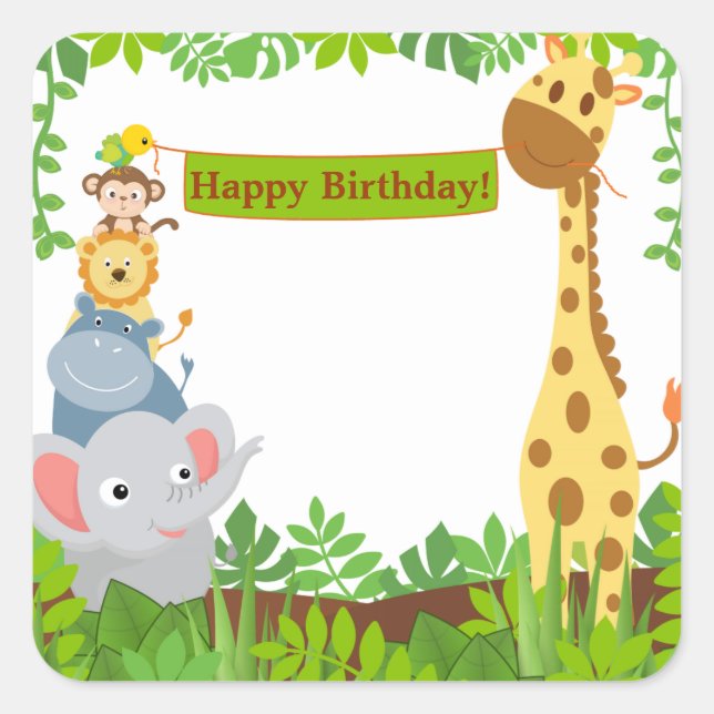 Funny Jungle Animals Happy Birthday Sticker (Vorderseite)
