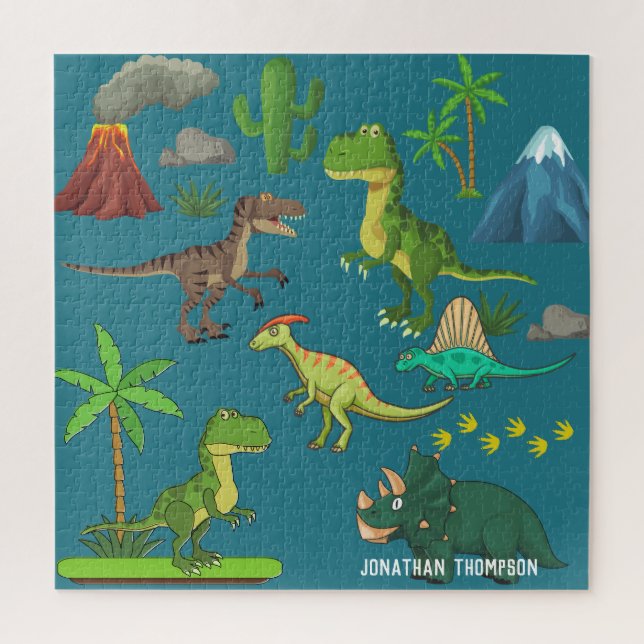 Funny Jurassic mit Monogramm Gebirgsblau Puzzle (Vertikal)
