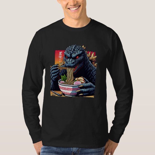 Funny Kaiju Eating Ramen Japanisches Monster Lover T-Shirt (Vorderseite)