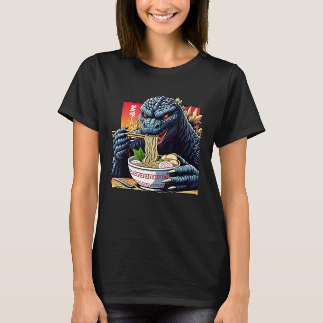 Funny Kaiju Eating Ramen Japanisches Monster Lover T-Shirt (Vorderseite)