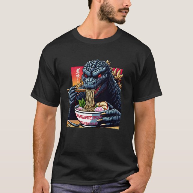 Funny Kaiju Eating Ramen Japanisches Monster Lover T-Shirt (Vorderseite)