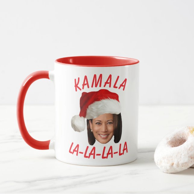 Funny Kamala Harris Face Weihnachtsmannmütze Weihn Tasse (Mit Donut)