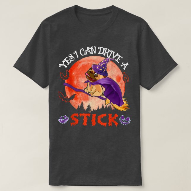 Funny kann ein Stick Halloween Mops Hund Hexe Fl. T-Shirt (Design vorne)