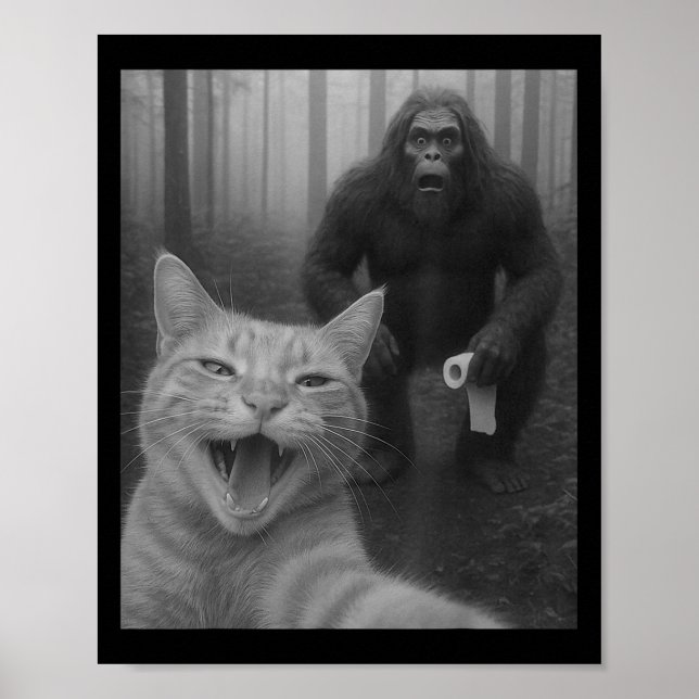 Funny Katze überrascht glücklich Selfie mit Bigfoo Poster (Vorne)