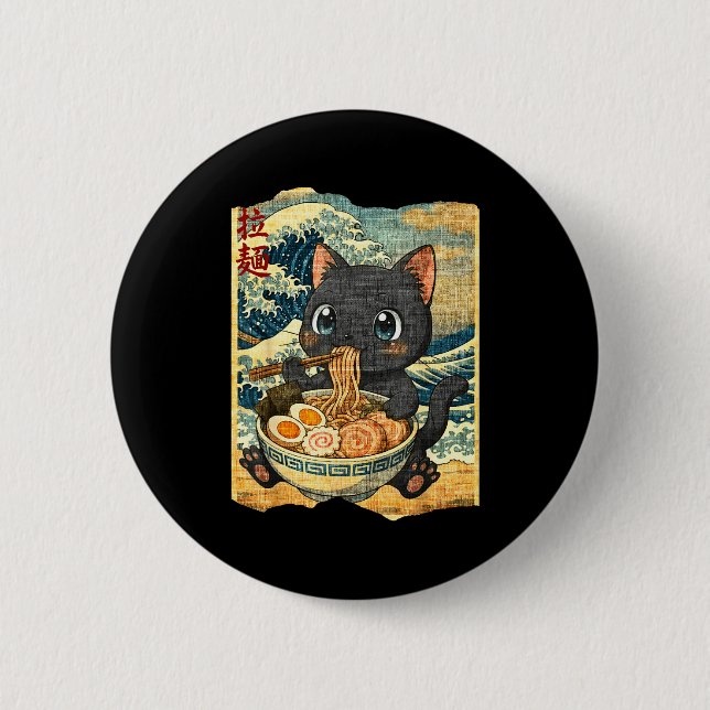 Funny Kawaii Black Cat Ramen Noodle Bowl Japanese  Button (Vorderseite)