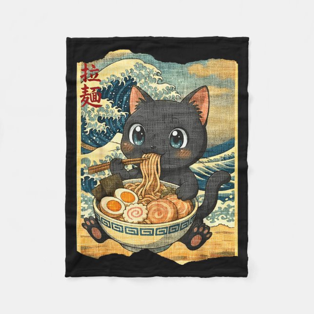 Funny Kawaii Black Cat Ramen Noodle Bowl Japanese  Fleecedecke (Vorderseite)