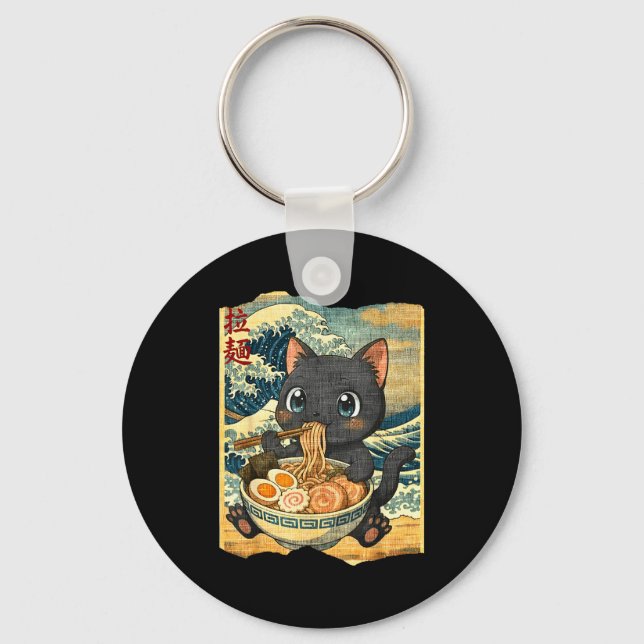 Funny Kawaii Black Cat Ramen Noodle Bowl Japanese  Schlüsselanhänger (Vorderseite)