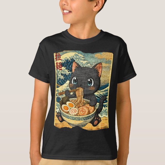 Funny Kawaii Black Cat Ramen Noodle Bowl Japanese  T-Shirt (Vorderseite)