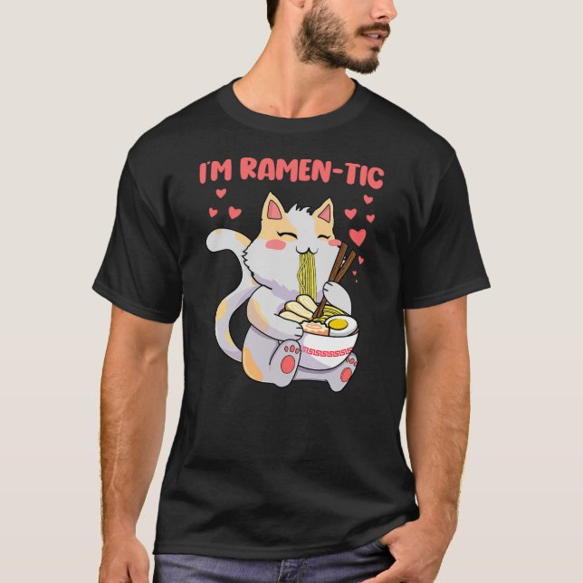 Funny Kawaii Cat Eating Ramen T-Shirt (Vorderseite)