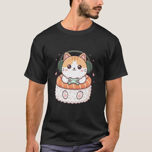 Funny Kawaii Cat Gamer Sushi Cute Anime Men Boys K T-Shirt (Vorderseite)